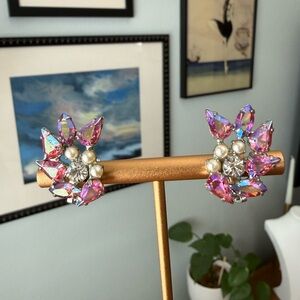 Vintage B David Pink Aurora Borealis Crystals Clip On Earrings MCM Silvertone